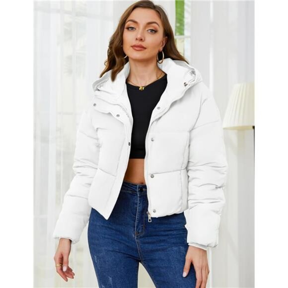 Womens Cropped Puffer Jacket Hooded Zip Up White - Picture 3 of 6